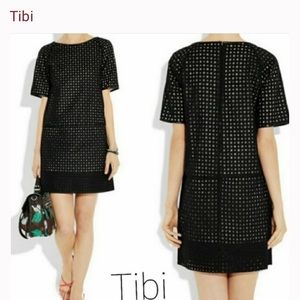 Tibi size 2 black mini dress with leather edging